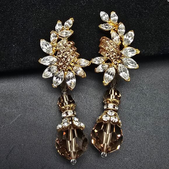 Lois Ann Champagne Crystal Clip On Earrings Statement Dangle Vintage 1980s - Picture 1 of 9